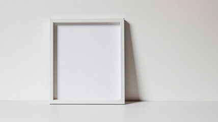 White frame mockup with workspace accessories on a white table. empty picture frame mockup on table. Elegant working space, home office concept. Scandinavian interior design.