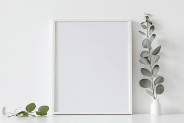 White frame mockup with workspace accessories on a white table. empty picture frame mockup on table. Elegant working space, home office concept. Scandinavian interior design.