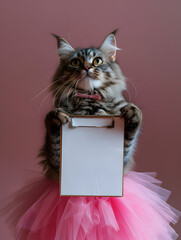 Obraz premium a cat as a ballerina holding a blank clipboard
