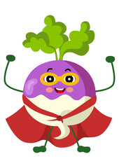 Funny fresh turnip mascot in traditional superhero costume