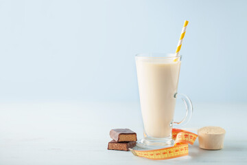 Protein sport shake and workout equipment. Fitness food and drink.