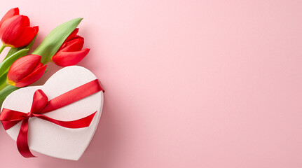 Ideal women's festive arrangement. Top view shot of a gift box in heart form, and a bouquet of...