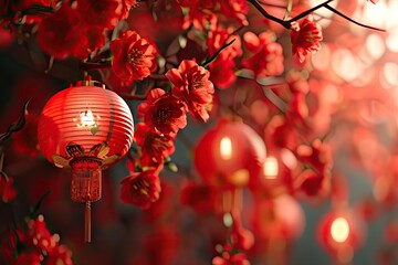 Chinese Traditional Lantern Background, Asian Lamps on Red Background, Chinese New Year Celebration