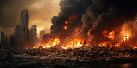 Obraz premium Collapsing Skyscrapers, Apocalyptic Scene, Fire Explosions in Modern City Center, Bomb Destruction
