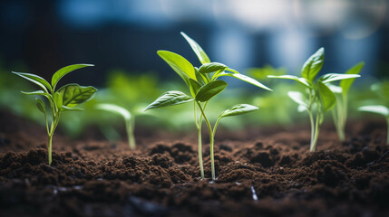 Young Green Seedlings Thriving in Fertile Soil Against a Blurred Background / Indoor Farming