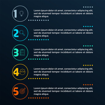 5 step info graphic template. List diagram, chart with five numbers. Business infographic, presentation, modern layout design with vertical elements. Vector illustration.