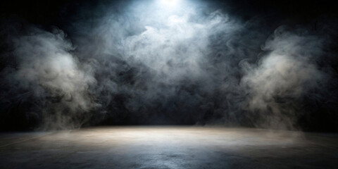 Dark Room Interior with Light and Grunge Texture and Vintage Wood Floor Amidst Smoke and Fog