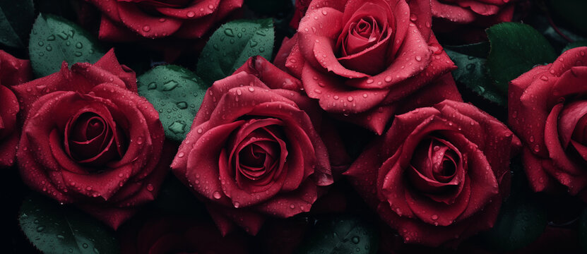 Dramatic photo of red roses in twilight hues, capturing their intense beauty amidst shadowy tones, ideal for romantic themes, floral arrangements, or adding a sense of mystery