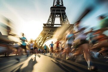 running people motion blur, Eiffel tower in background - obrazy, fototapety, plakaty