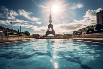 olympic games swimming pool in Paris, olympic games concept, Eiffel tower in background