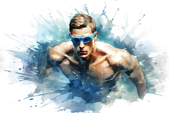 Painting Graphic With Splashing Colors Of A Swimming Man. Olympic Games Concept.