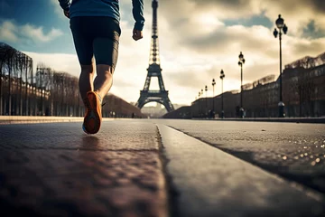 Deurstickers Eiffeltoren closeup of man leg running, Eiffel tower in background