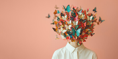 The woman's face and head are covered with multi-colored butterflies, the concept of neurodiversity and mental problems, banner with copy space