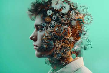 The man's head are covered with gears, the concept of neurodiversity and mental problems