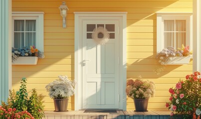 Beautifully decorated yellow walls and front porch or entryway of a house on sunny day and with blank white door for real estate sale - obrazy, fototapety, plakaty