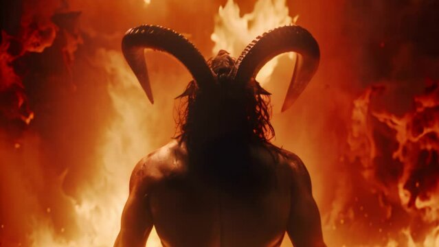Devil in hell, view back of Lucifer with horns standing against background of flame fire