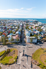 Aerial view of colorful buildings general view of the port in the background - Reykjavik Iceland