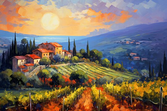 a painting of a vineyard and a house
