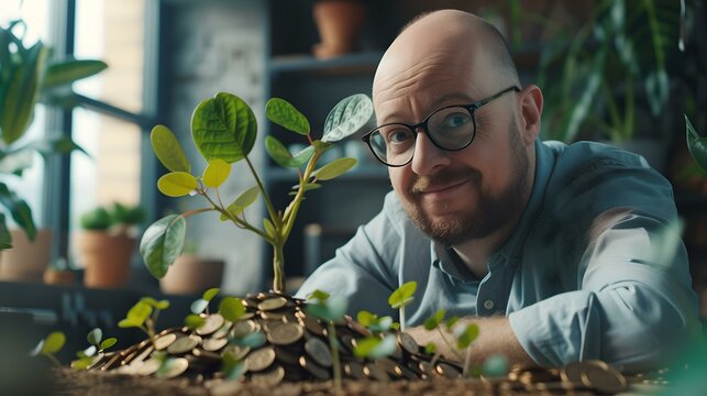 Smiling man nurturing a money tree representing financial growth and investment. casual style, concept image. AI