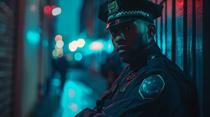 Intense portrait of a uniformed police officer on duty at night. urban security and law enforcement theme. vivid colors, cinematic style. AI