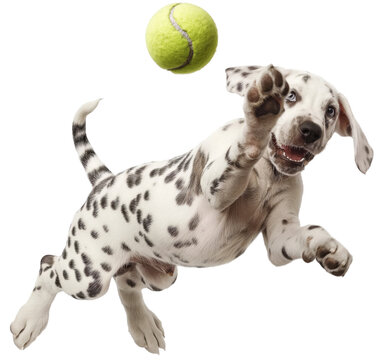 A cute dalmatian dog puppy jumping to catch a tennis ball isolated on a white background