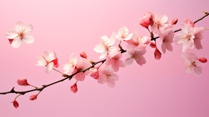 Beautiful Spring Sakura tree flowers blossoms flying on pink background. Flowers tree branch blooming. Springtime concept background. Cherry Japan Sakura flowers 