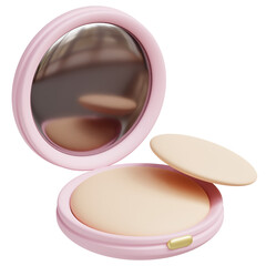 3D Illustration of Compact Powder Makeup Case with Mirror and Puff