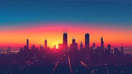 Fototapeta premium City Skyline Silhouette with Gradient Sunset