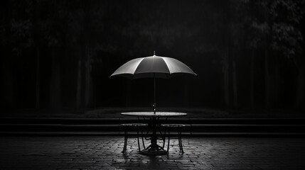 A white umbrella sitting in the middle of a rain