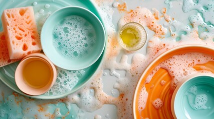 Colorful dishware in sudsy water, concept of daily chores. clean, soapy dishes after washing. kitchen routine in bright tones. AI - obrazy, fototapety, plakaty