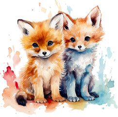 Fototapeta premium Two fox puppies, watercolor