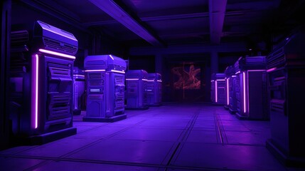 supercomputer clusters in data center of room in purple neon glow, server room - obrazy, fototapety, plakaty