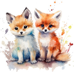 Obraz premium Two fox puppies, watercolor