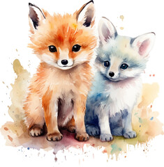 Obraz premium Two fox puppies, watercolor