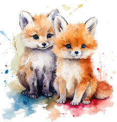 Obraz premium Two fox puppies, watercolor