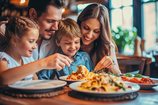 Pasta Dinner, Happy Italian Couple Eating Cannelloni Pasta with Ricotta, Minced Beef, Spinach in Restaurant