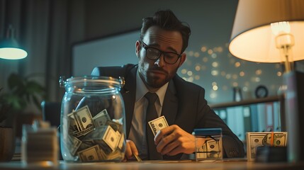 Focused businessman counting money at night office. concept of finance, saving, and wealth accumulation. vision of success and goal achievement. AI - obrazy, fototapety, plakaty