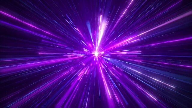 Purple light flow, high-speed light shuttle. Space tunnel flight, particle light fast crossing, cosmic space travel. For your event, concert, music videos, video art, holiday show, party.