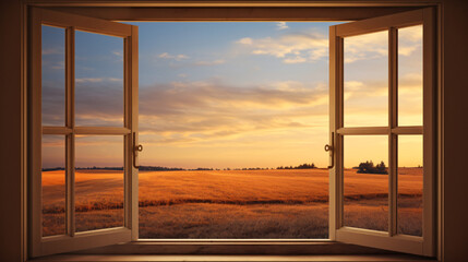 A window with a view of a grassy field and trees