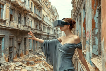 Future loneliness concept. A woman wearing virtual reality glasses does not notice the destroyed world around her. - obrazy, fototapety, plakaty