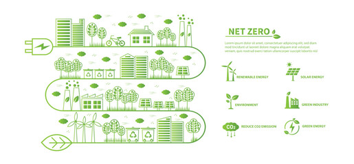 Net zero and carbon neutral concept. Net zero greenhouse gas emissions target. Climate neutral long term strategy with green net zero icons. Environment web banner with green city vector template.