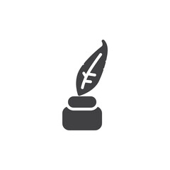 Ink bottle with feather pen vector icon