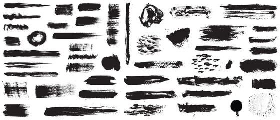 Set of Black ink vector stains. collection of black paint, ink brush strokes, brushes, lines, grungy Isolated on white background.  Vector illustration.  - obrazy, fototapety, plakaty