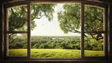A window with a view of a grassy field and trees