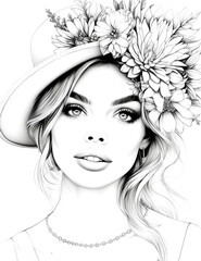 girl in a straw hat. page for adult and children coloring book