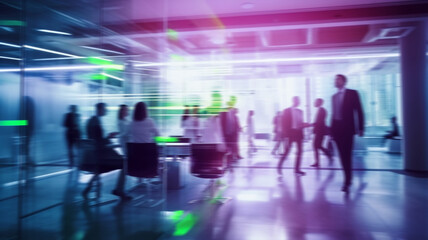 Business people meeting in office space with colorful purple green overlay, Modern tech conference room concept | Generative AI