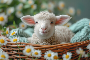 cozy easter lamb in a basket with fresh spring daisies, happy Easter day