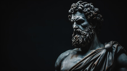 Statue d'homme grec sur fond noir - obrazy, fototapety, plakaty