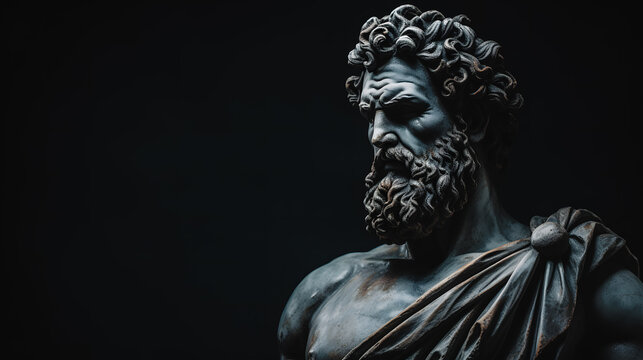 Statue d'homme grec sur fond noir