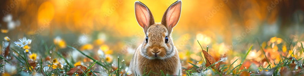 Wall mural watercolor illustration of a cute fluffy rabbit sitting on spring field with wildflowers and grass.  - Wall murals